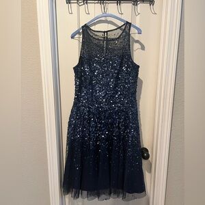 MARINA Blue Sequin Fit and Flare Dress women’s sz large L